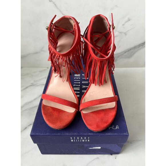 STUART WEITZMAN Red Suede Fringe Ankle Strap Heels Size 7.5 - Picture 3 of 9